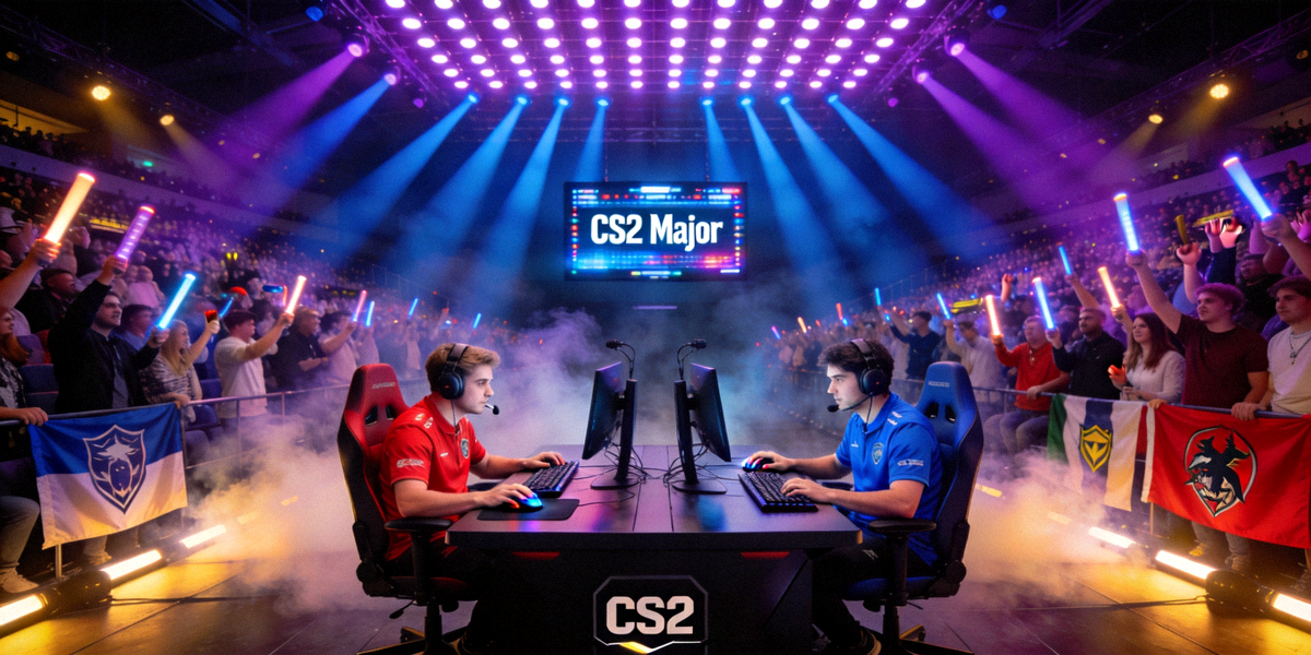 CS2 Major锦标赛现场舞台，灯光璀璨，两支战队正在激烈对决，观众席爆满