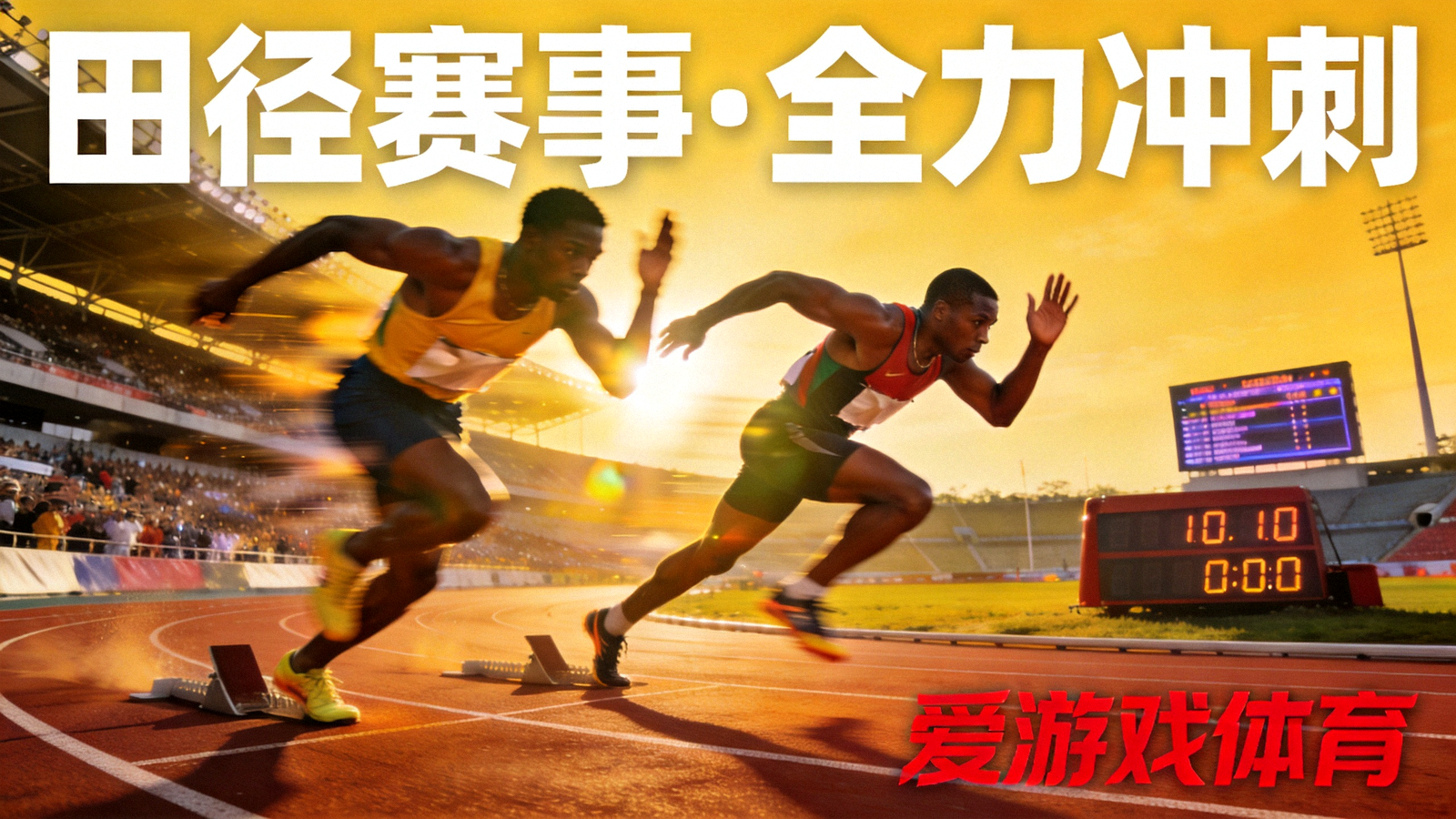 田径赛道上运动员全力冲刺的比赛画面，用于展示爱游戏体育官网平台赛事资讯频道焦点图