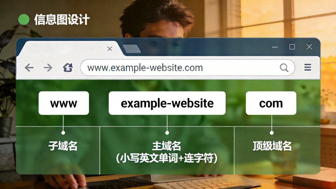 SEO友好链接格式生成示意图，展示浏览器地址栏中由小写英文单词与连字符组成的静态化网址结构