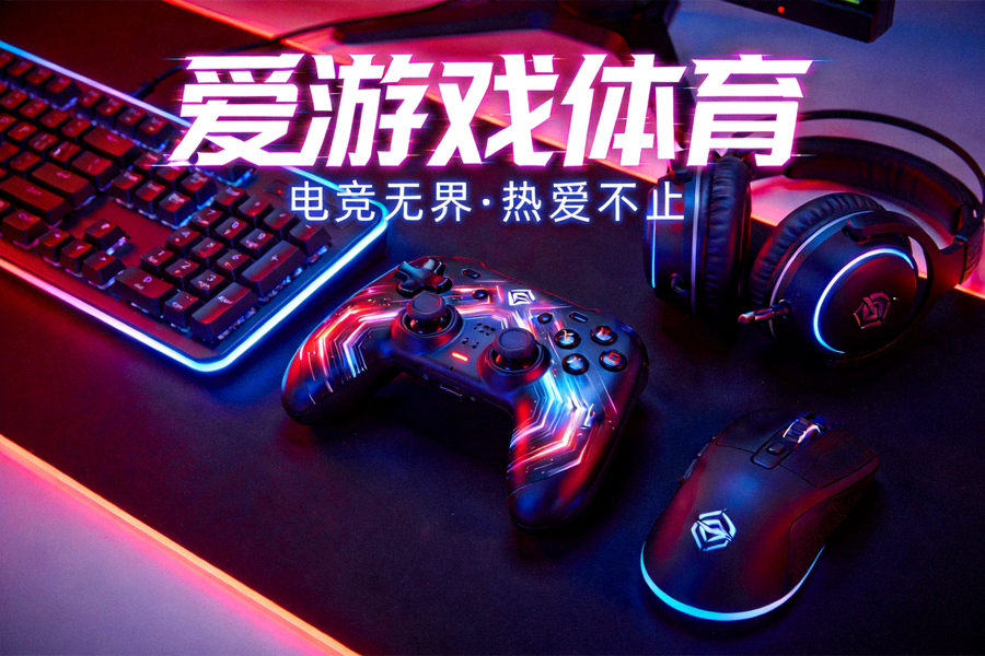 爱游戏体育品牌视觉图 - 霓虹灯光下的游戏手柄与竞技设备