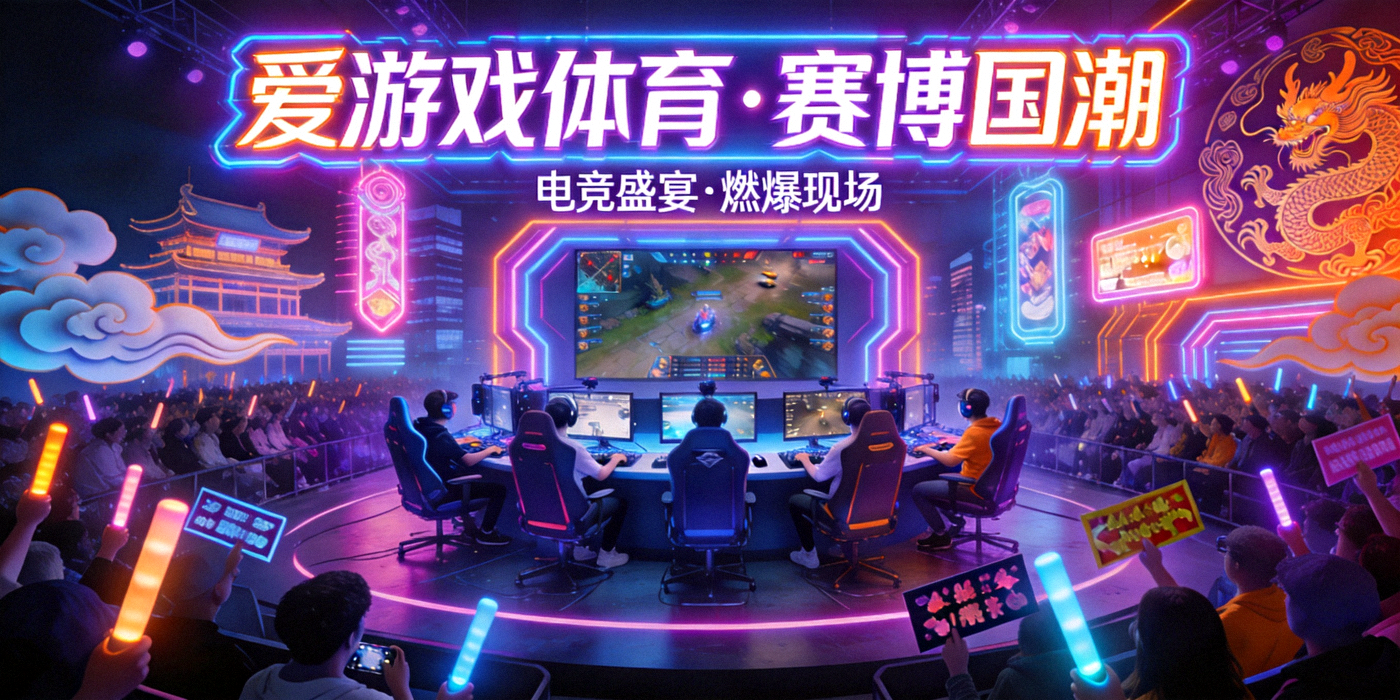 爱游戏体育赛博国潮视觉横幅 - 霓虹灯光下的电竞比赛现场与观众席