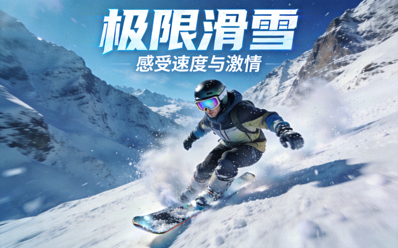 极限滑雪游戏宣传图 - 滑雪者在雪山斜坡上高速滑降的画面