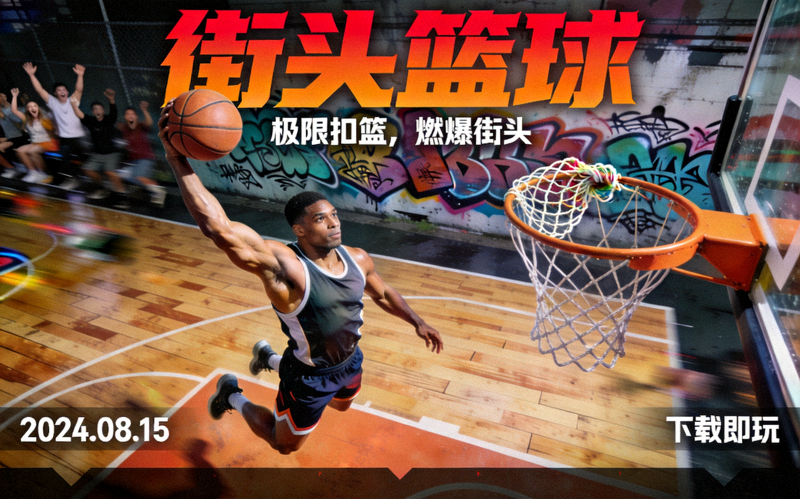 街头篮球游戏宣传图 - 篮球运动员在球场上完成扣篮动作