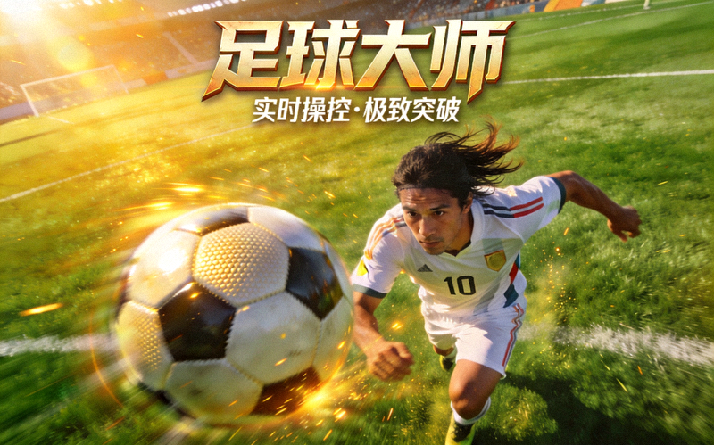 足球大师游戏宣传图 - 球员在绿茵场上带球突破的瞬间